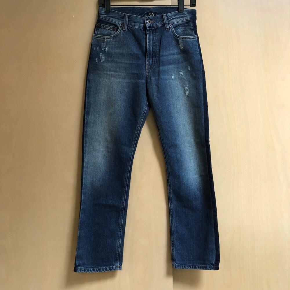 McQ Alexander McQueen Distressed Blue Denim High Waist Straight Leg Jean Size 24